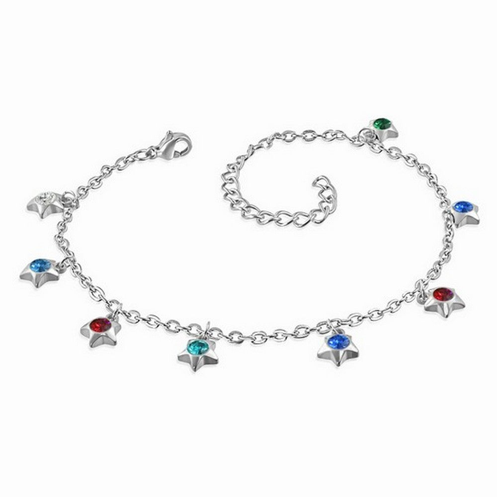 Stainless Steel Silver-Tone Multicolor CZ Stars Womens Adjustable Anklet Bracelet