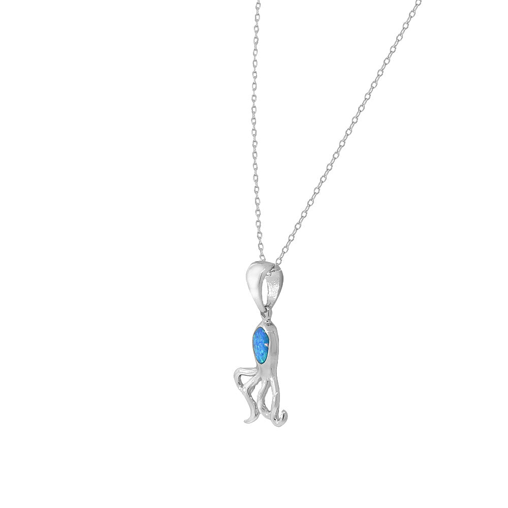 925 Sterling Silver Blue Turquoise-Tone Simulated Opal Octopus Pendant Necklace