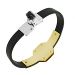 Stainless Steel Black Rubber Silicone Yellow Gold-Tone White CZ Men's Bracelet