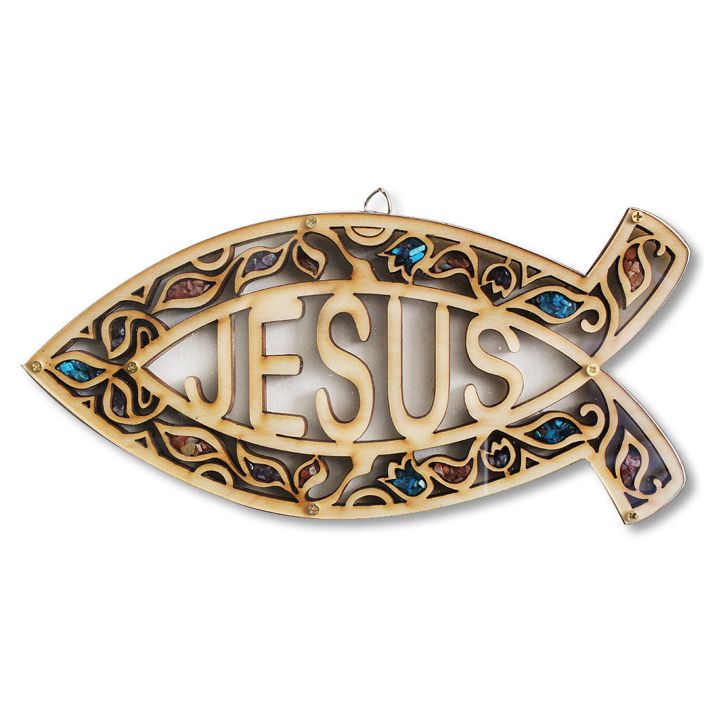 Wooden Christianity Jesus Ichthys Fish Wall Decor with Simulated Gemtones - Made in Israel