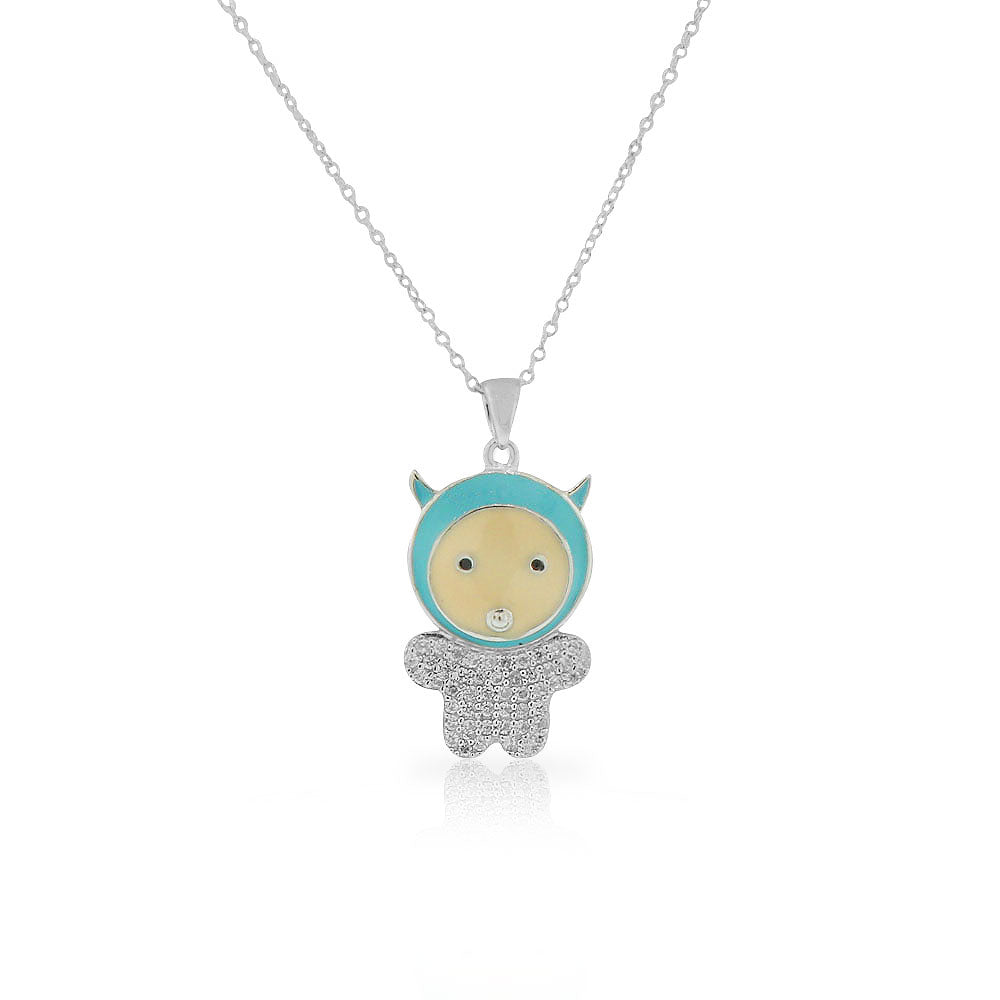 Sterling Silver Blue Enamel White Clear CZ Baby Boy Pendant Necklace