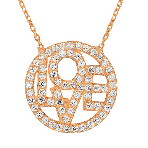 Sterling Silver Gold-Tone Love Circle Charm White CZ Pendant Necklace