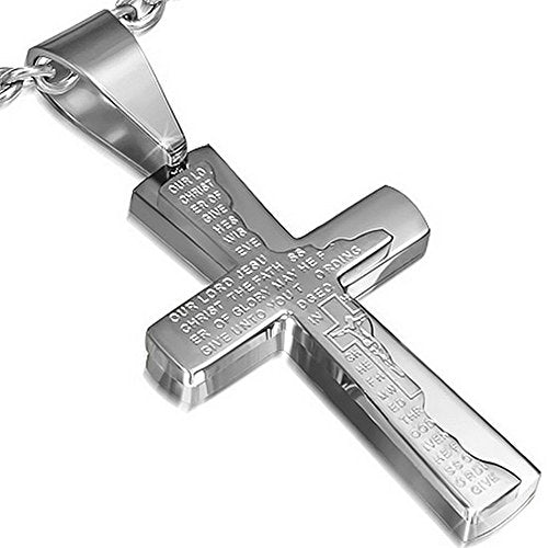 Stainless Steel Silver English Prayer Cross Pendant Necklace