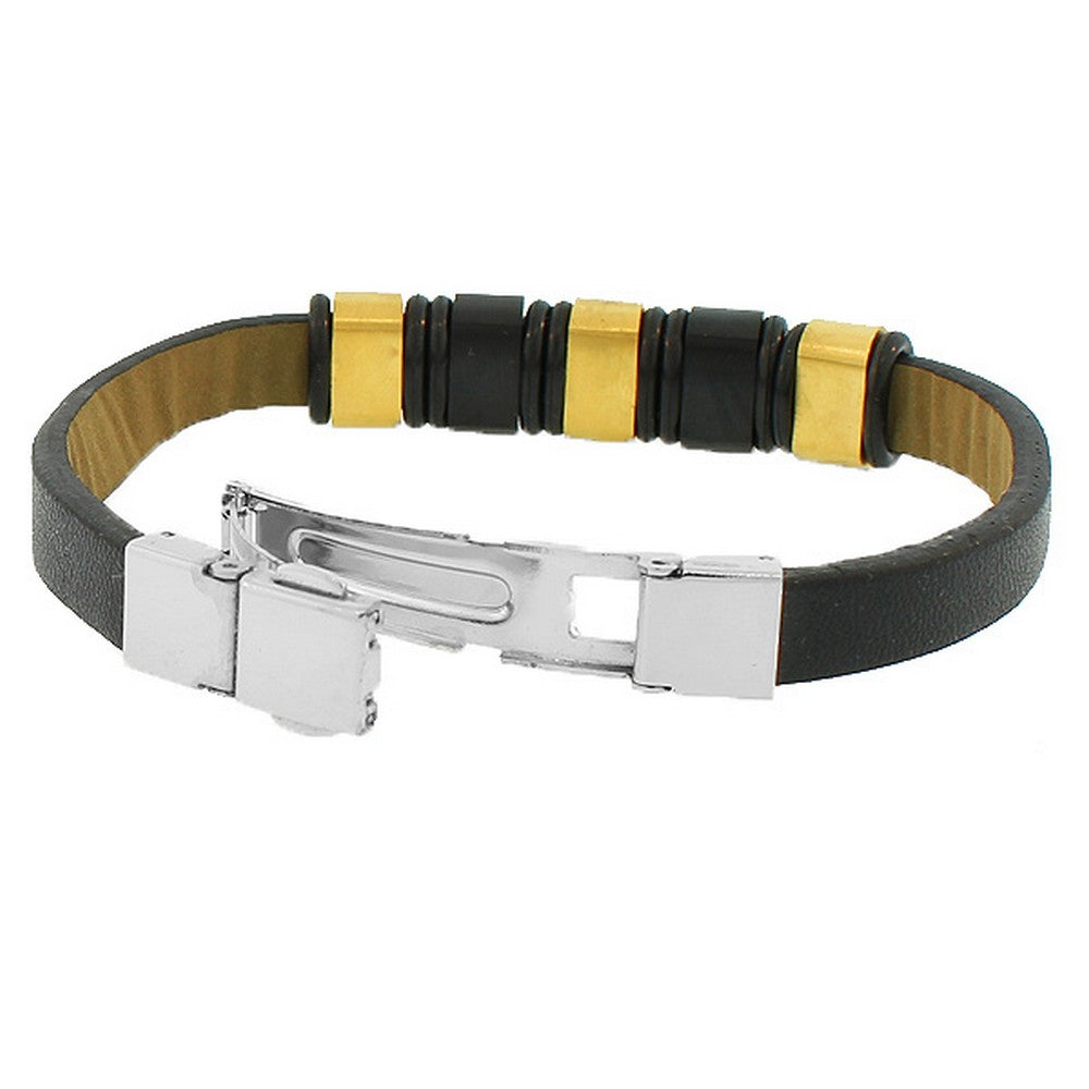 Stainless Steel Black Leather Yellow Gold-Tone Silver-Tone Men's Bracelet