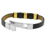 Stainless Steel Black Leather Yellow Gold-Tone Silver-Tone Men's Bracelet