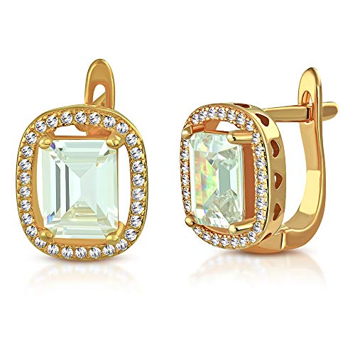 925 Sterling Silver Yellow Gold-Tone Rectangular Clear CZ Hoop Huggie Earrings, 0.5"