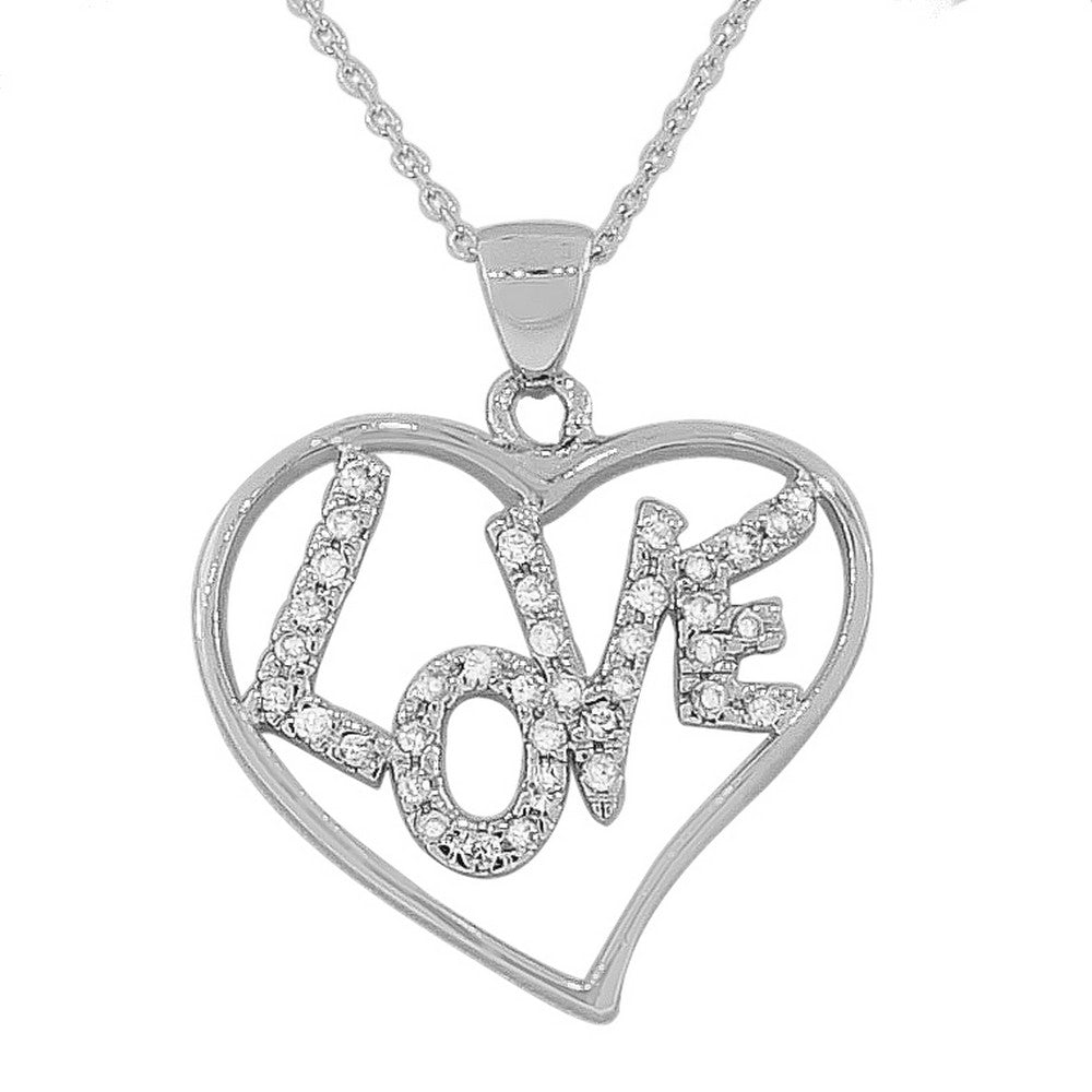 Sterling Silver Love Heart White CZ Large Pendant Necklace