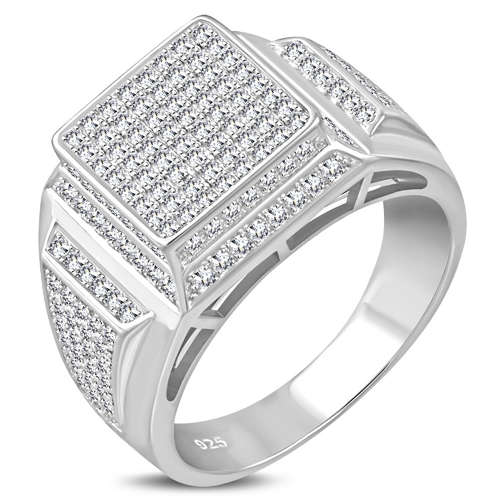 925 Sterling Silver Men's Silver-Tone Micro Pave White CZ Stone Square Pyramid-Style Signet Style Ring