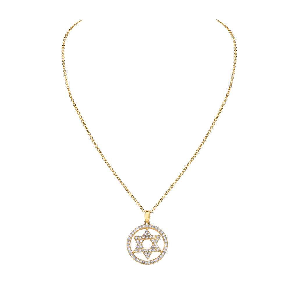 925 Sterling Silver Yellow Gold-Tone Jewish Star of David White CZ Pendant Necklace