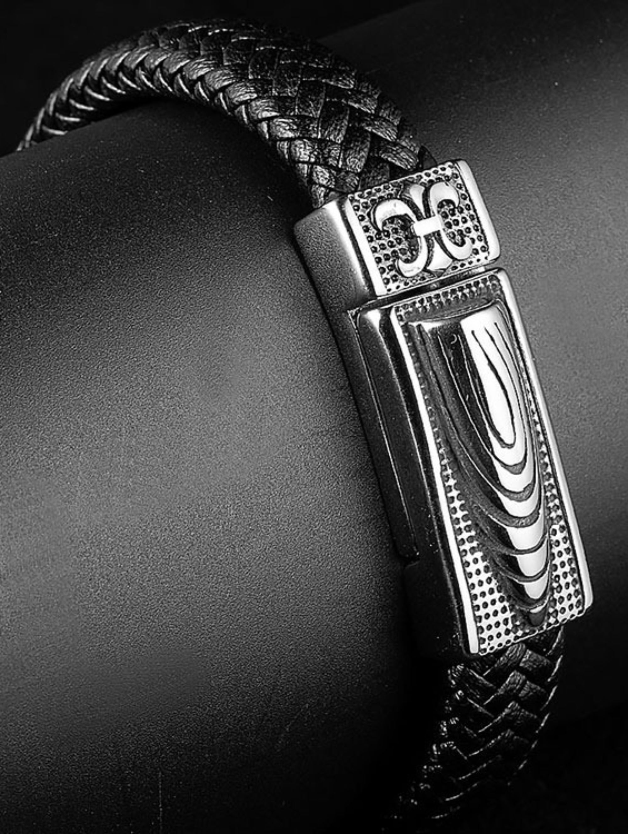 My Daily Styles Mens Black Genuine Braided Leather Bracelet with Stainless Steel Gothic Magnetic Lock 8.5"