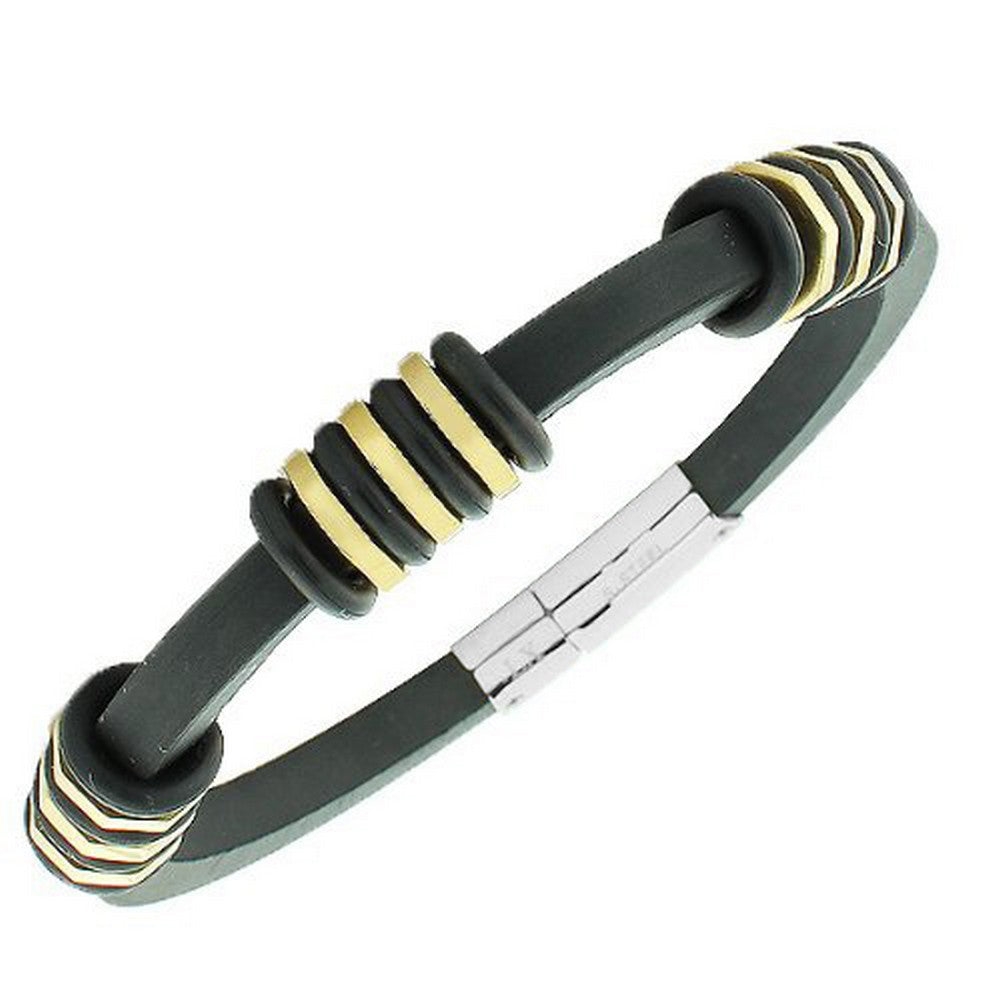 Stainless Steel Black Rubber Silicone Yellow Gold-Tone Men's Bracelet