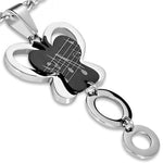 Stainless Steel Black Silver-Tone Butterfly Music Pendant Necklace