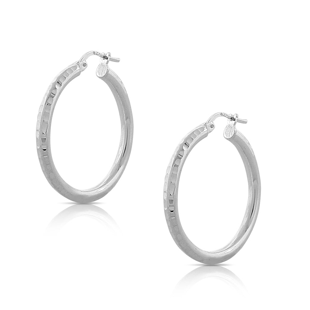 Silver Faceted Wide Hoops