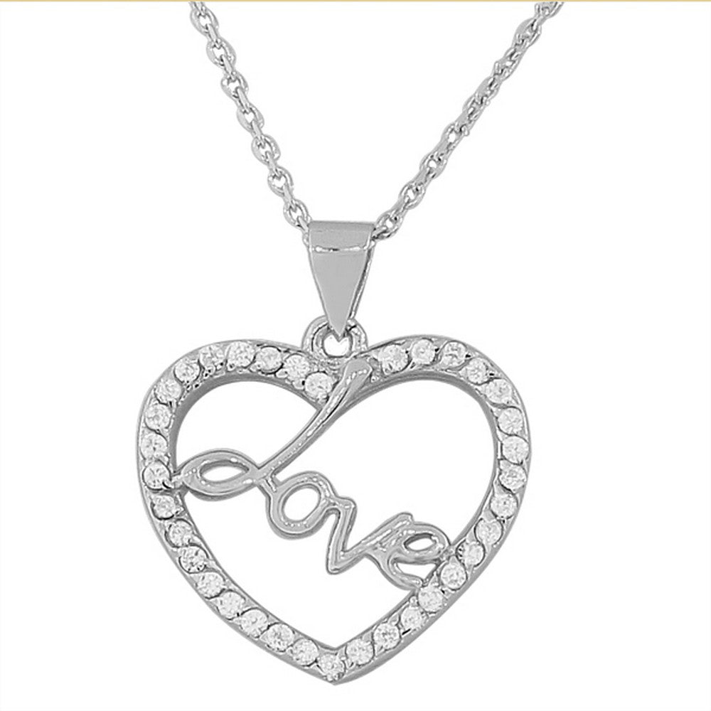 925 Sterling Silver Love Heart White CZ Pendant Necklace