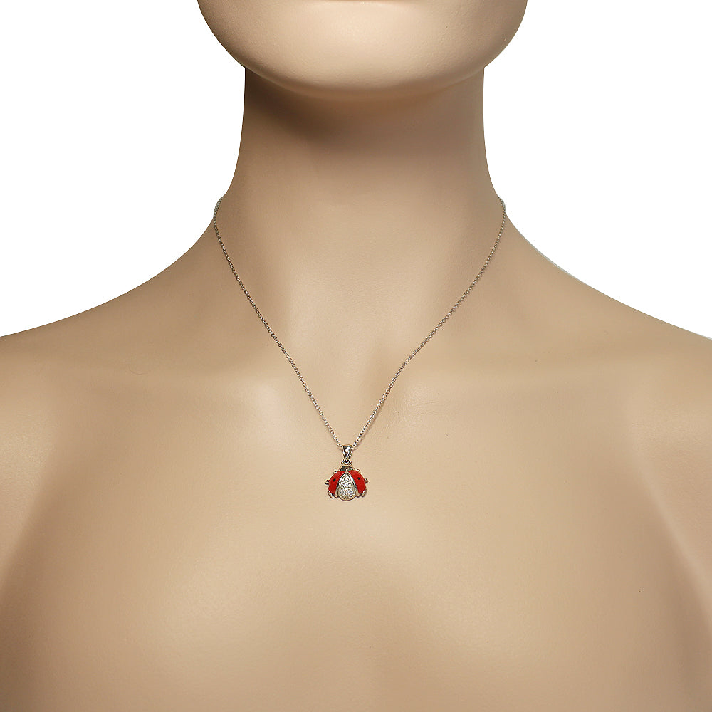 925 Sterling Silver White CZ Womens Red Ladybug Pendant Necklace