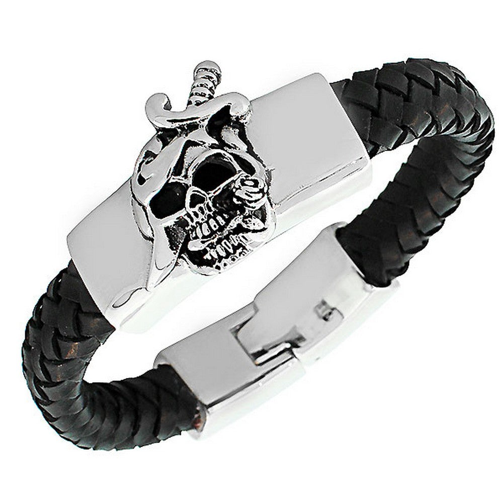 Stainless Steel Leather Skull Knife Rose Men's Bracelet