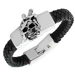 Stainless Steel Leather Skull Knife Rose Men's Bracelet