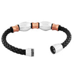 Stainless Steel Black Faux PU Leather Two-Tone Braided Men's Bracelet