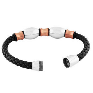 Stainless Steel Black Faux PU Leather Two-Tone Braided Men's Bracelet
