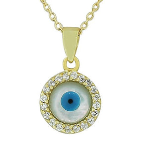 925 Sterling Silver Yellow Gold-Tone CZ Simulated Mother-of-Pearl Evil Eye Pendant Necklace