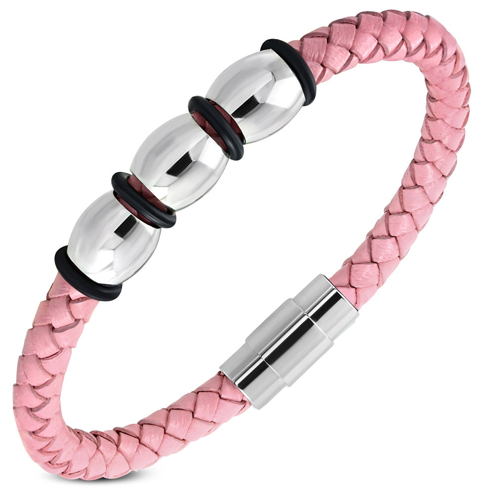 Pink Leather Braided Wristband Bracelet, 8"