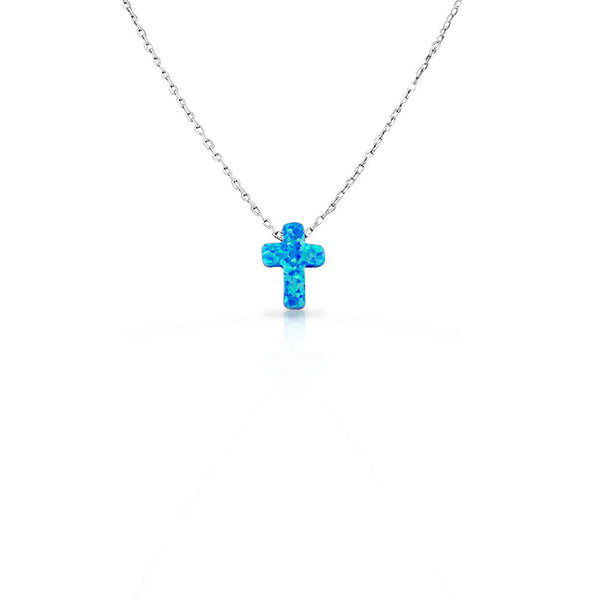 Tiny Opal Cross Pendant with Sterling Silver Necklace