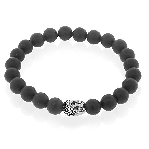 Stainless Steel Tiger Eye Silver-Tone Buddha Beaded Stretch Mens Bracelet