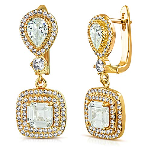 925 Sterling Silver Rose Gold-Tone Square Teardrop CZ Drop Dangle Earrings, 1.15"