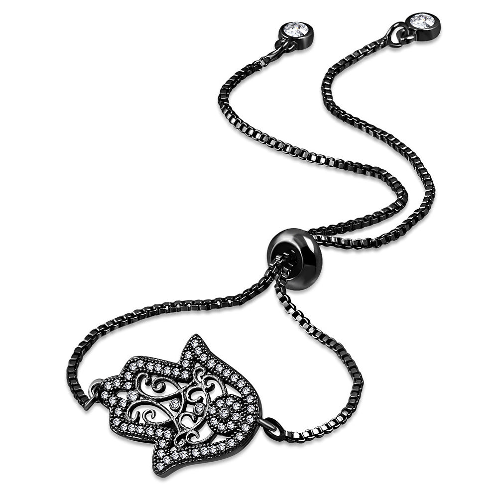 Stainless Steel Clear CZ Filigree Hamsa Adjustable Chain Bracelet, 9.5"