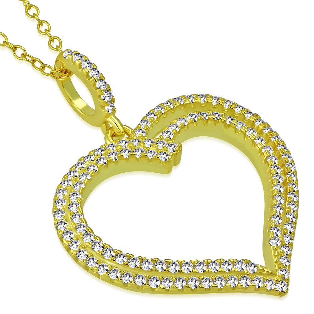 925 Sterling Silver White Clear CZ Yellow Gold-Tone Love Heart Pendant Necklace