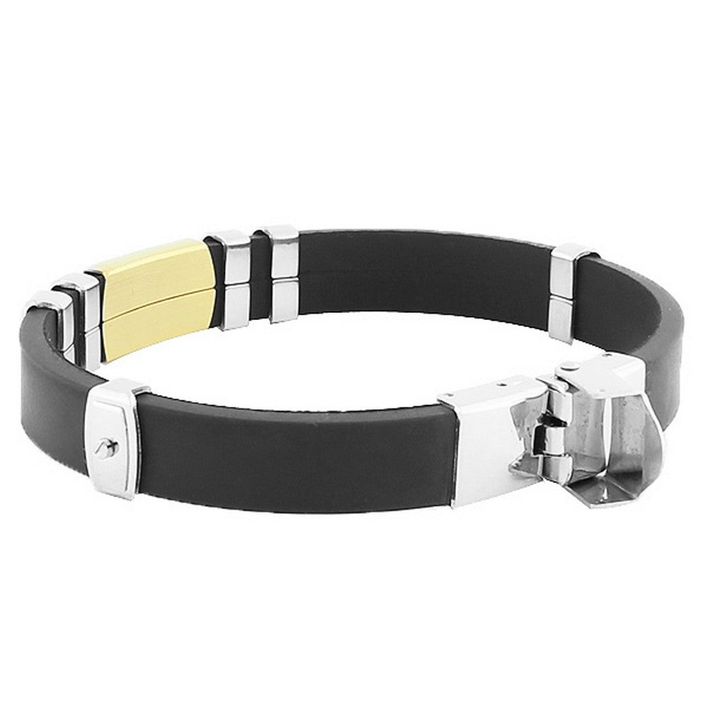 Stainless Steel Black Rubber Silicone Two-Tone Black CZ Mens Bracelet
