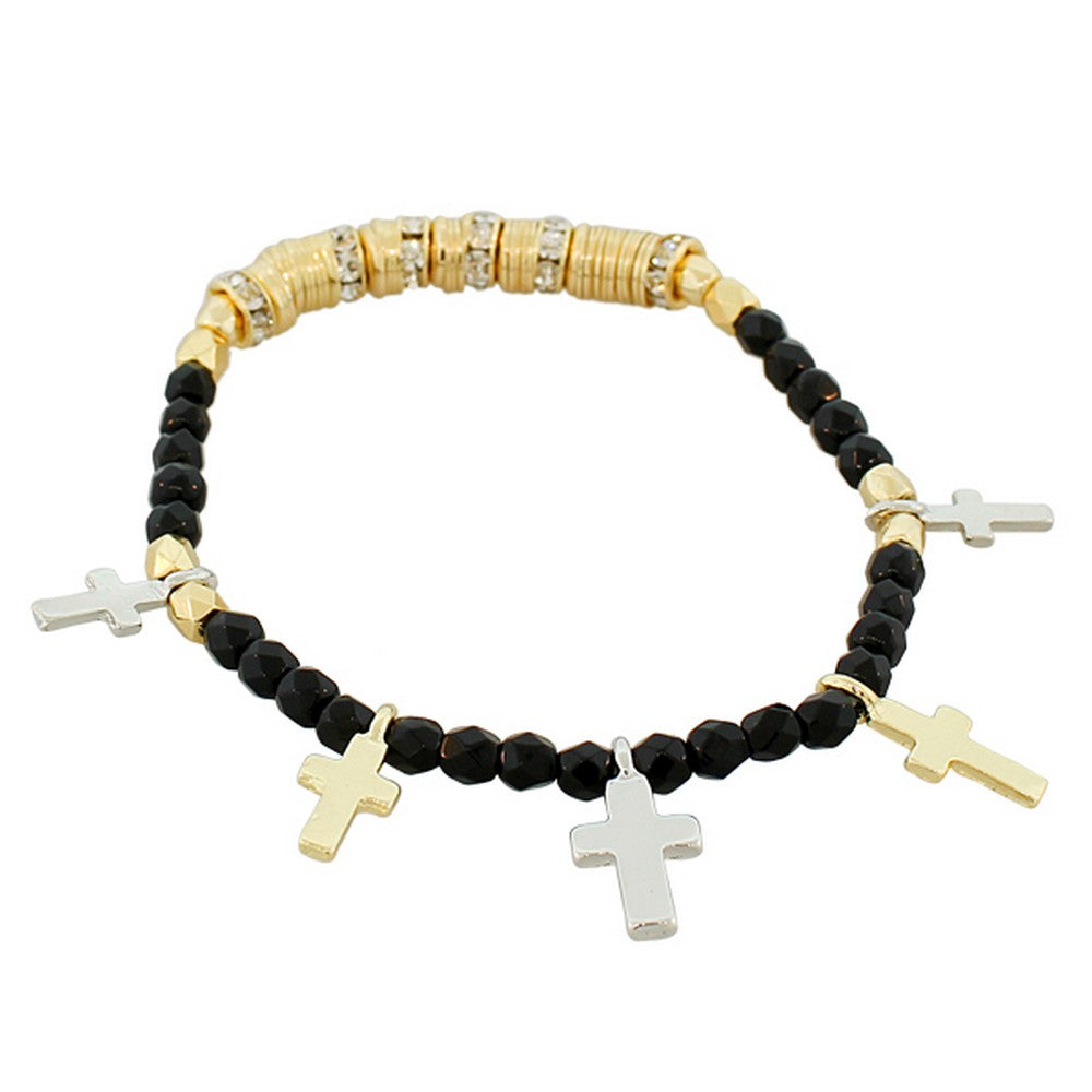 Fashion Alloy Black Two-Tone Latin Cross Religious Stretch Beaded Bracelet