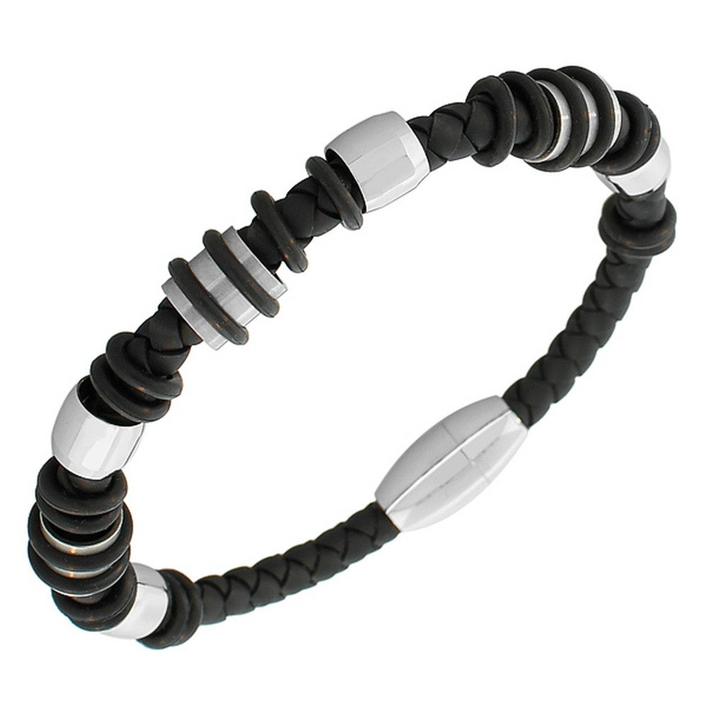 Stainless Steel Silver-Tone Black Faux PU Braided Leather Men's Wristband Bracelet