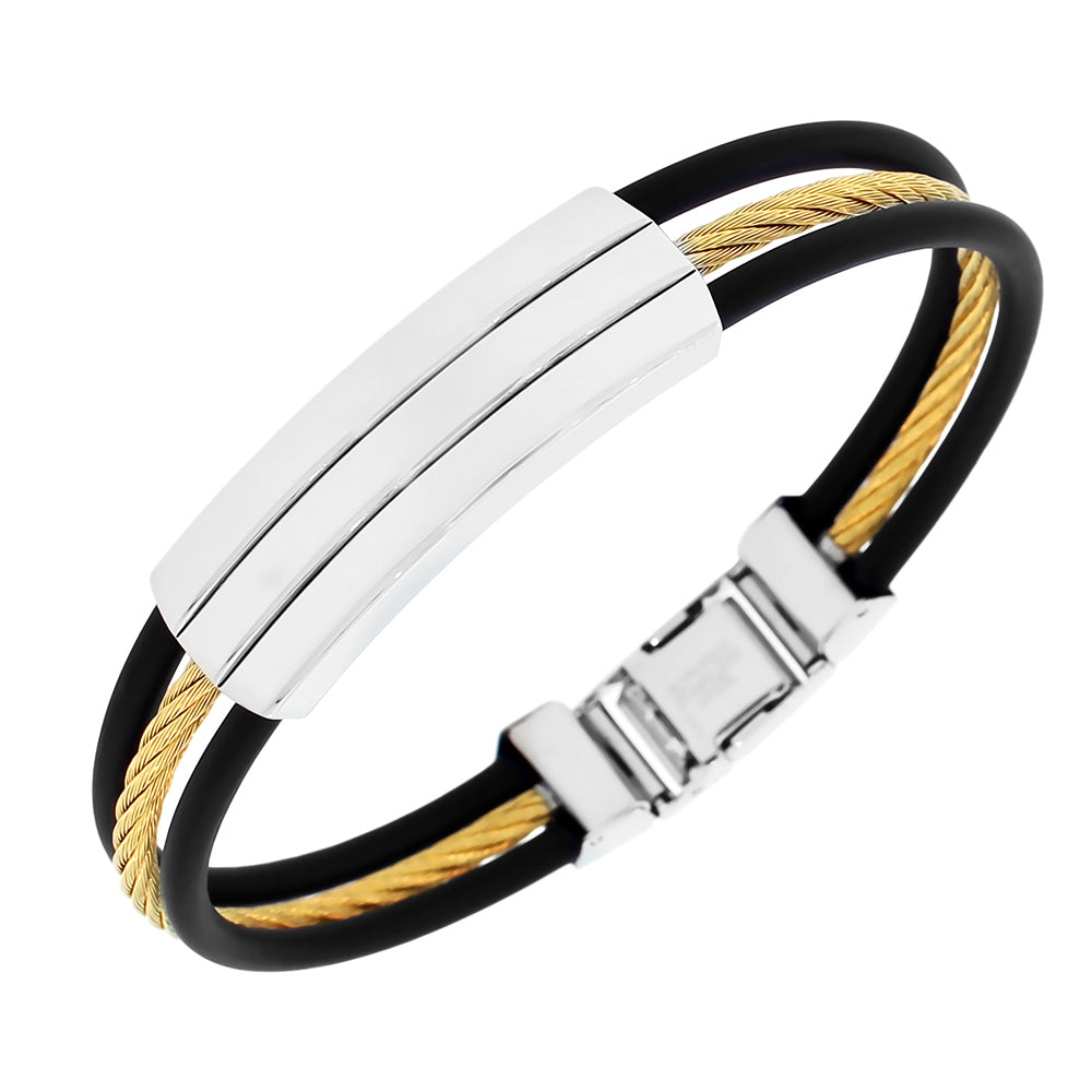 Stainless Steel Black Rubber Silicone Two-Tone Twisted Cable Rope Men's Bracelet