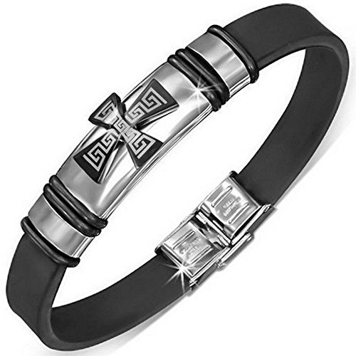 Stainless Steel Black Rubber Silicone Cross Silver-Tone Mens Bracelet
