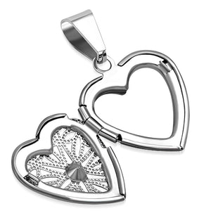 Stainless Steel Silver-Tone Love Heart White Clear CZ Locket Pendant Necklace