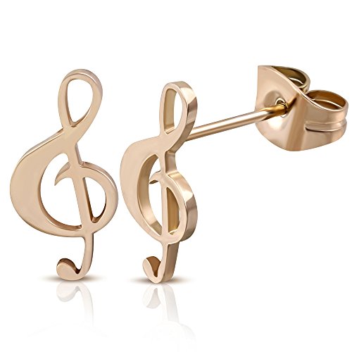 Stainless Steel Rose Gold-Tone Musical Clef Music Note Stud Earrings