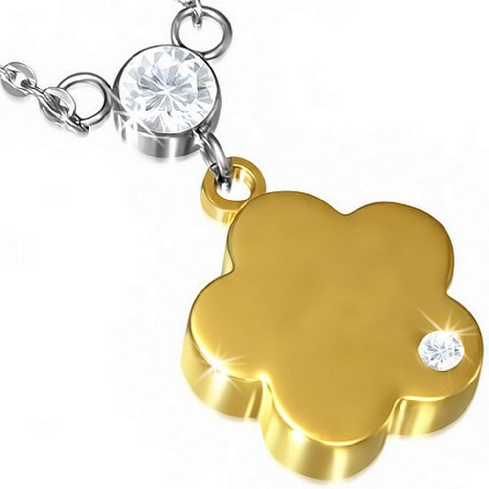 Stainless Steel Silver Yellow Gold Two-Tone Flower Floral Charm White CZ Pendant Necklace