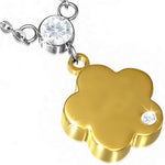 Stainless Steel Silver Yellow Gold Two-Tone Flower Floral Charm White CZ Pendant Necklace