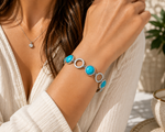 Stainless Steel Women's Bracelet with Simulated Turquoise Stones, 8 Inch Link Bracelet, Polished Silver Tone