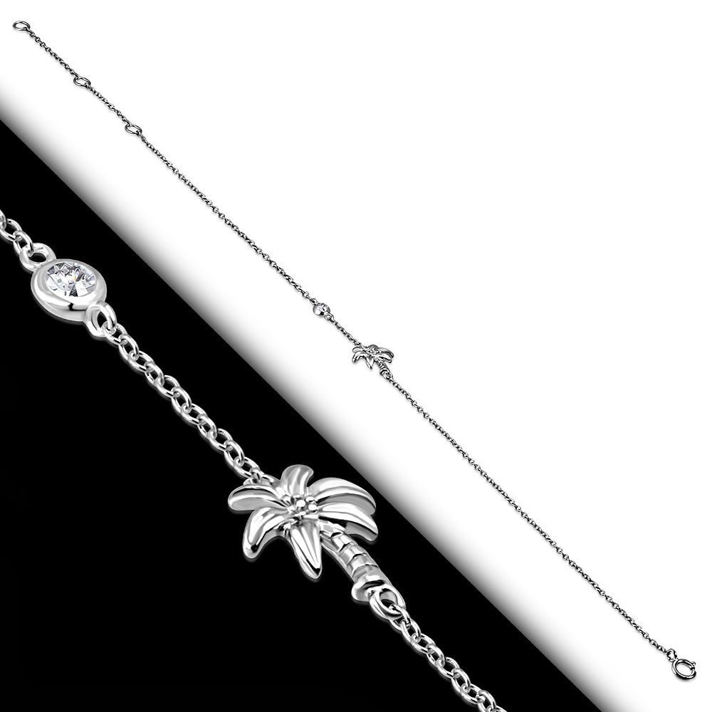 Sterling Silver Bezel-Set CZ Palm Tree Womens Link Chain Anklet Bracelet