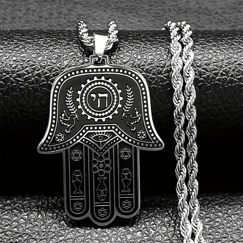 My Daily Styles Stainless Steel Chai Jewish Good Luck Hamsa Hand Necklace, 24 Inch Rope Chain, Black Oxidized Finish, 1.6 x 1.3 Inch Pendant