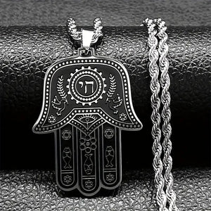 My Daily Styles Stainless Steel Chai Jewish Good Luck Hamsa Hand Necklace, 24 Inch Rope Chain, Black Oxidized Finish, 1.6 x 1.3 Inch Pendant