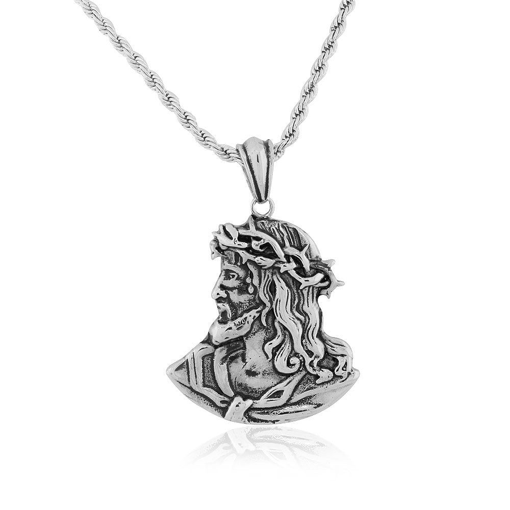 Stainless Steel Silver-Tone Extra Large Hip-Hop Jesus Profile Mens Pendant Necklace