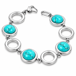 Stainless Steel Women's Bracelet with Simulated Turquoise Stones, 8 Inch Link Bracelet, Polished Silver Tone