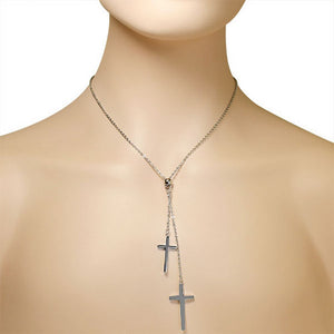 Stainless Steel Silver-Tone Double Two Cross Religious Necklace
