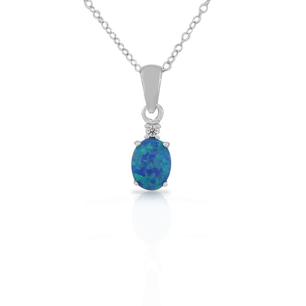 925 Sterling Silver Womens Blue Turquoise-Tone CZ Oval Simulated Opal Pendant Necklace