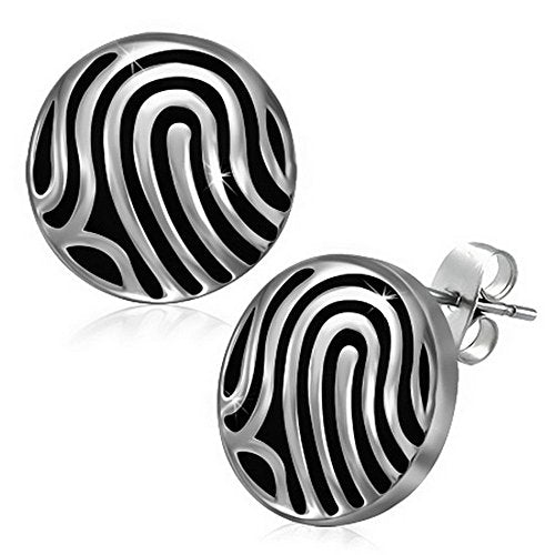 Stainless Steel Black Silver-Tone Round Classic Womens Girls Stud Earrings