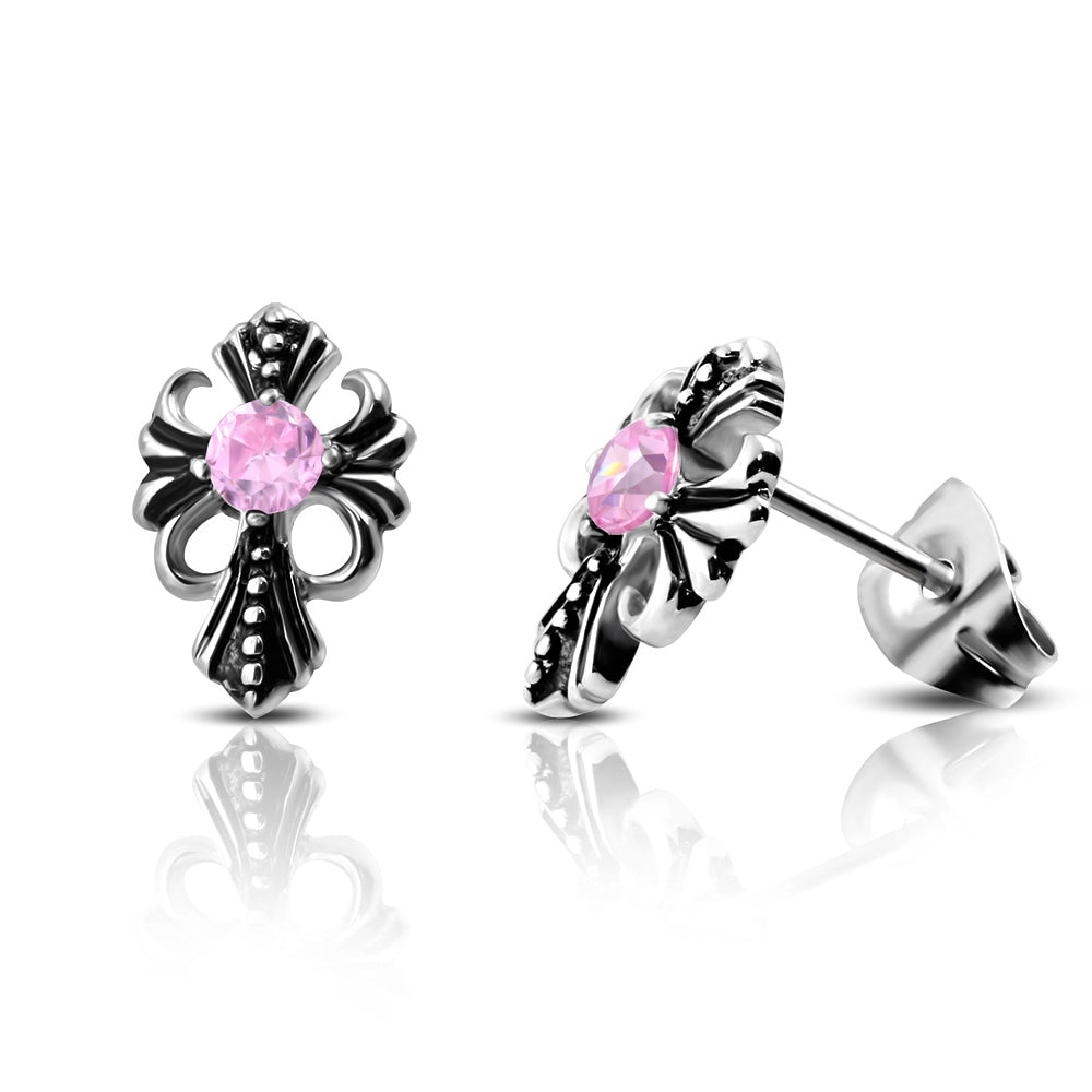 Stainless Steel Silver-Tone Pink CZ Religious Cross Stud Earrings, 0.55"