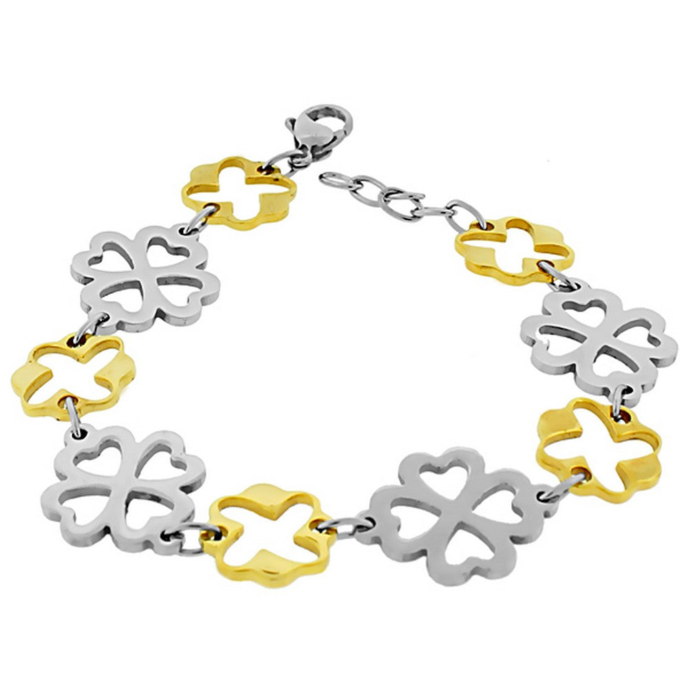 Stainless Steel Two-Tone Links Chain Flowers Floral Bracelet